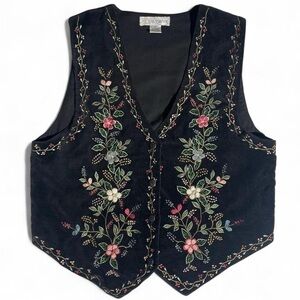 VTG 90s Chrysantheme Black Velvet Floral Embroidered Vest L Whimsigoth Teacher